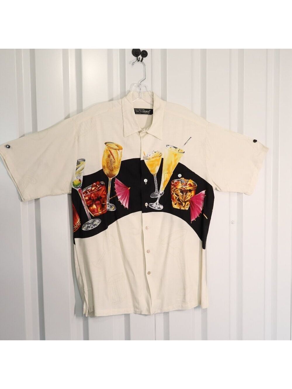 Tori Richard Mens Vintage Cocktail Print Hawaiian Shirt Off White Black Size Lg